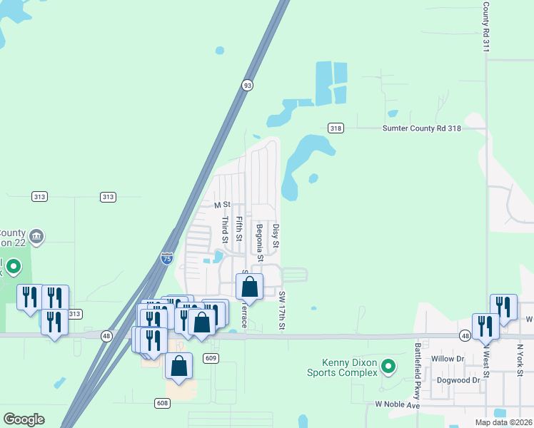 map of restaurants, bars, coffee shops, grocery stores, and more near 418 Southwest 18th Terrace in Bushnell
