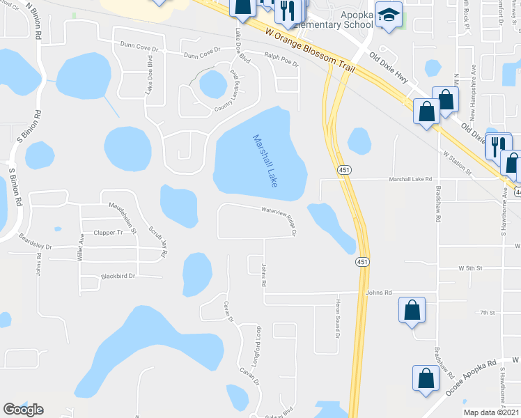 map of restaurants, bars, coffee shops, grocery stores, and more near Waterview Ridge Circle in Apopka