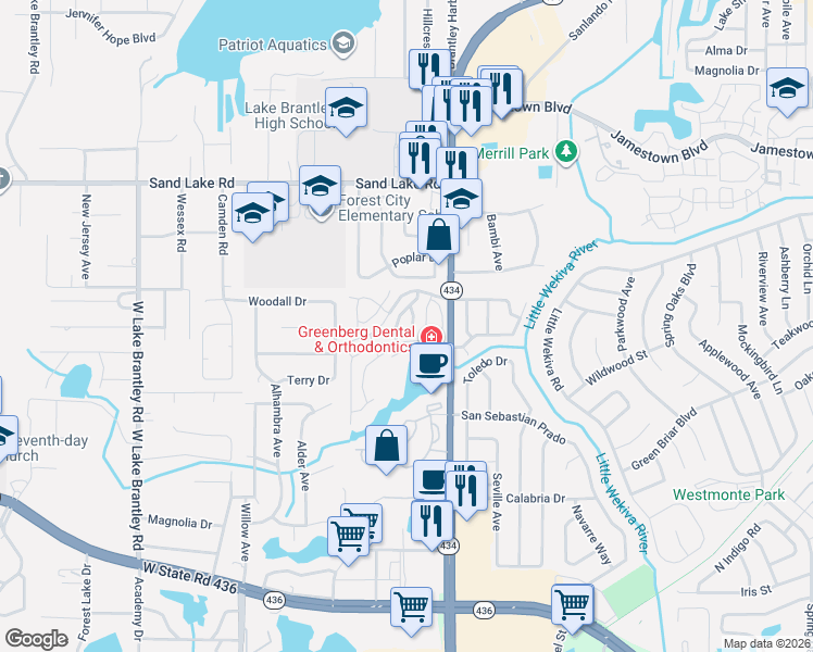 map of restaurants, bars, coffee shops, grocery stores, and more near 1023 Great Pond Drive in Altamonte Springs