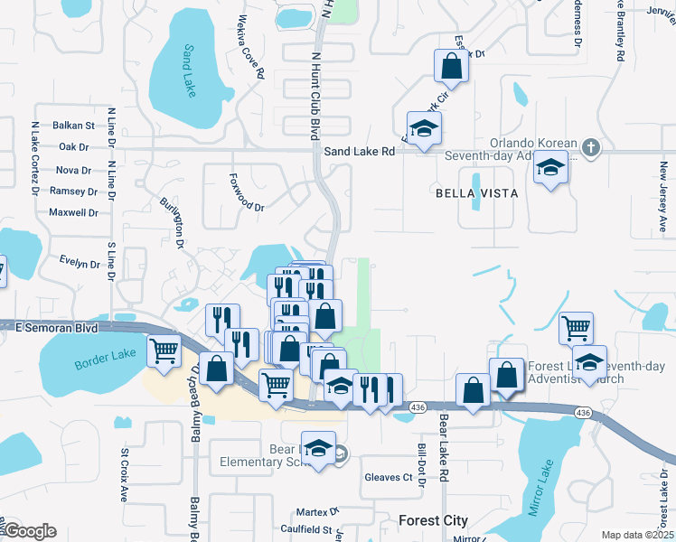 map of restaurants, bars, coffee shops, grocery stores, and more near 3365 Gray Fox Cove in Apopka