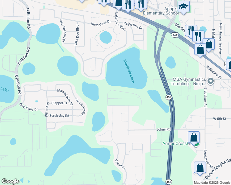 map of restaurants, bars, coffee shops, grocery stores, and more near Waterview Ridge Circle in Apopka