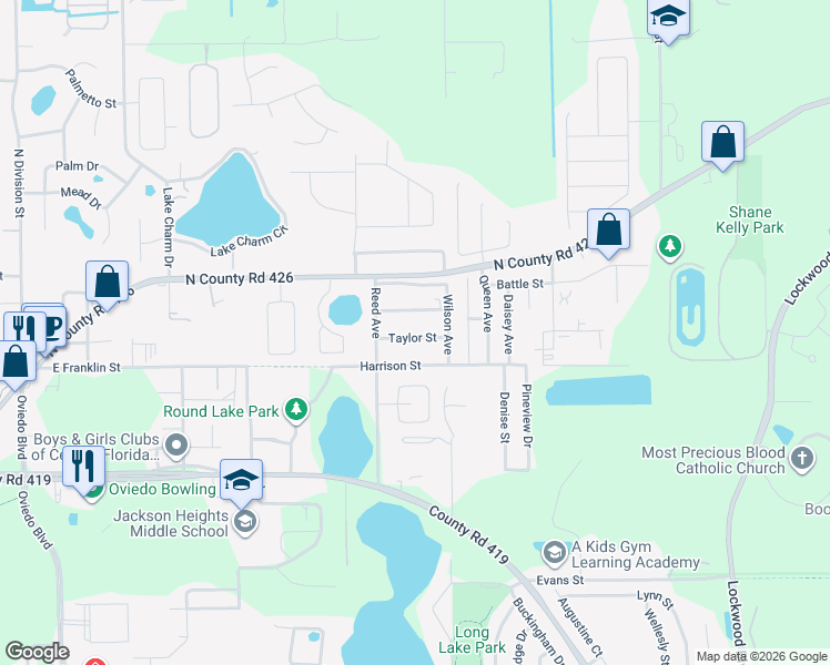 map of restaurants, bars, coffee shops, grocery stores, and more near 1224 Taylor Street in Oviedo