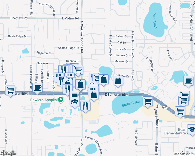 map of restaurants, bars, coffee shops, grocery stores, and more near 203 South Wekiwa Springs Road in Apopka