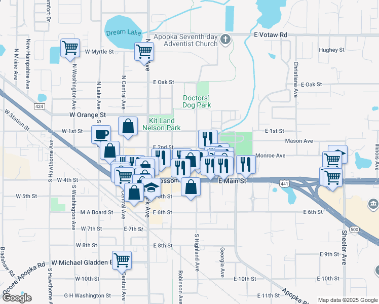 map of restaurants, bars, coffee shops, grocery stores, and more near 144 South Highland Avenue in Apopka