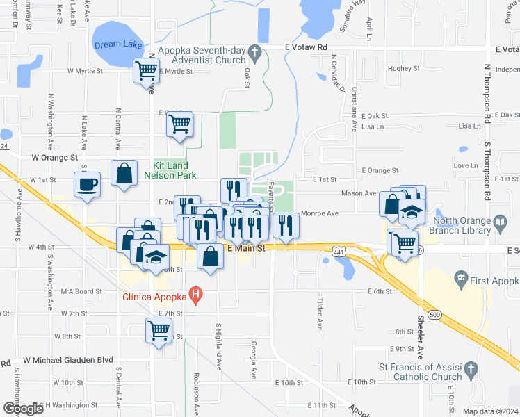 map of restaurants, bars, coffee shops, grocery stores, and more near 403 Monroe Avenue in Apopka
