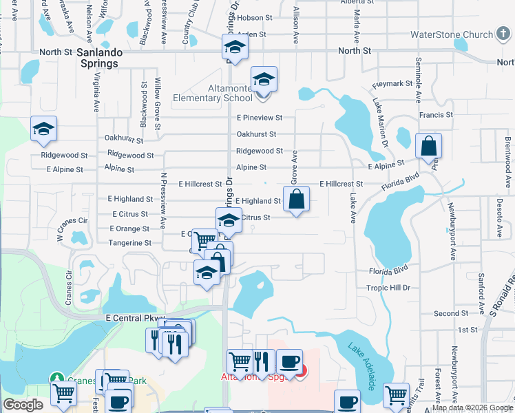 map of restaurants, bars, coffee shops, grocery stores, and more near 535 East Highland Street in Altamonte Springs