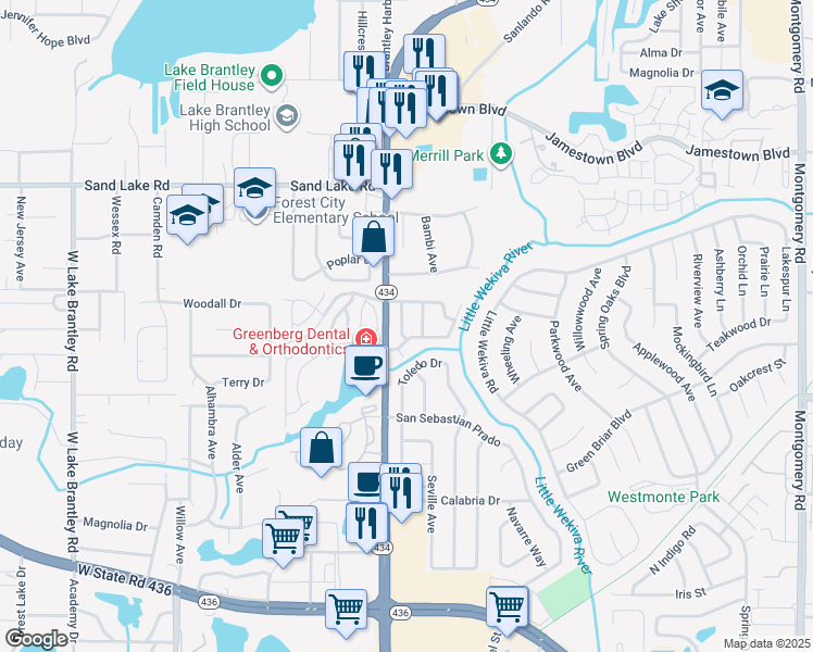 map of restaurants, bars, coffee shops, grocery stores, and more near 706 Pescador Avenue in Altamonte Springs