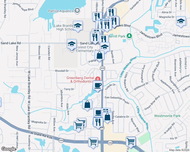 map of restaurants, bars, coffee shops, grocery stores, and more near 940 Centre Circle in Altamonte Springs