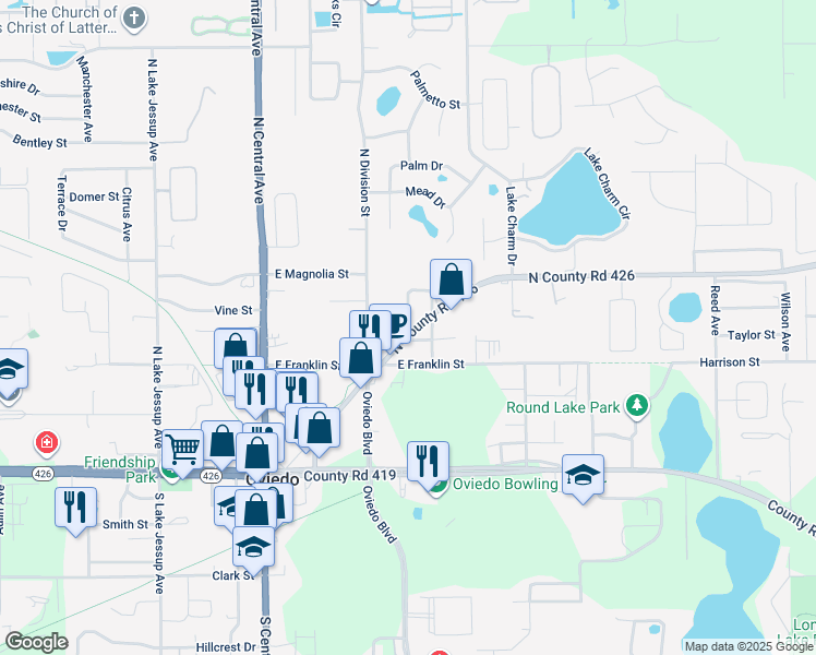 map of restaurants, bars, coffee shops, grocery stores, and more near Oviedo St in Oviedo