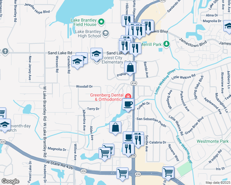 map of restaurants, bars, coffee shops, grocery stores, and more near 696 Seabrook Court in Altamonte Springs