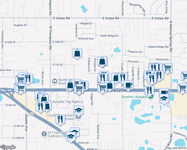 map of restaurants, bars, coffee shops, grocery stores, and more near 1530 Powder Avenue in Apopka