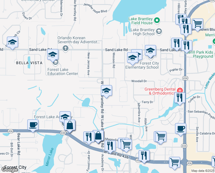 map of restaurants, bars, coffee shops, grocery stores, and more near 1179 Forest Hills Road in Altamonte Springs