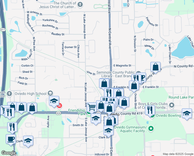 map of restaurants, bars, coffee shops, grocery stores, and more near 80 Vine Street in Oviedo