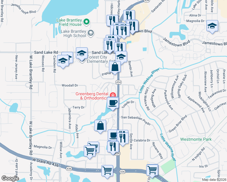 map of restaurants, bars, coffee shops, grocery stores, and more near 940 Centre Circle in Altamonte Springs