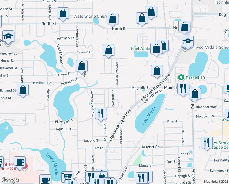 map of restaurants, bars, coffee shops, grocery stores, and more near 204 Magnolia Street in Altamonte Springs
