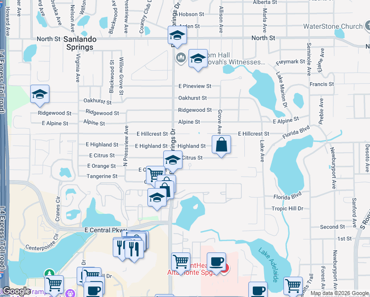 map of restaurants, bars, coffee shops, grocery stores, and more near 701 Palm Springs Drive in Altamonte Springs
