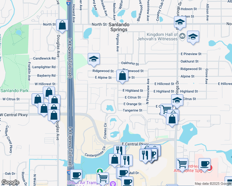 map of restaurants, bars, coffee shops, grocery stores, and more near 731 Swan Lane in Altamonte Springs