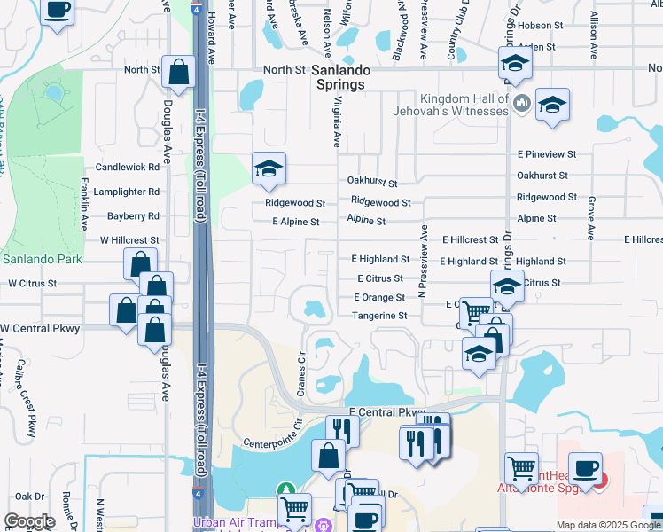 map of restaurants, bars, coffee shops, grocery stores, and more near 731 Swan Lane in Altamonte Springs
