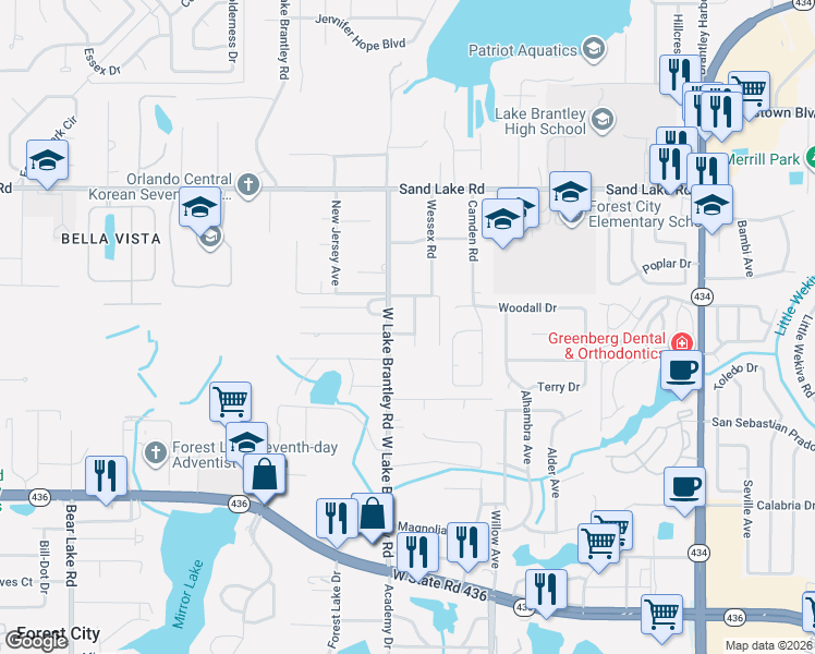 map of restaurants, bars, coffee shops, grocery stores, and more near 1179 Forest Hills Road in Altamonte Springs