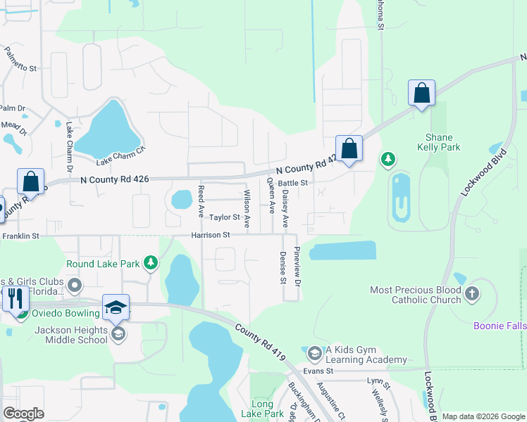 map of restaurants, bars, coffee shops, grocery stores, and more near 291 Wilson Avenue in Oviedo