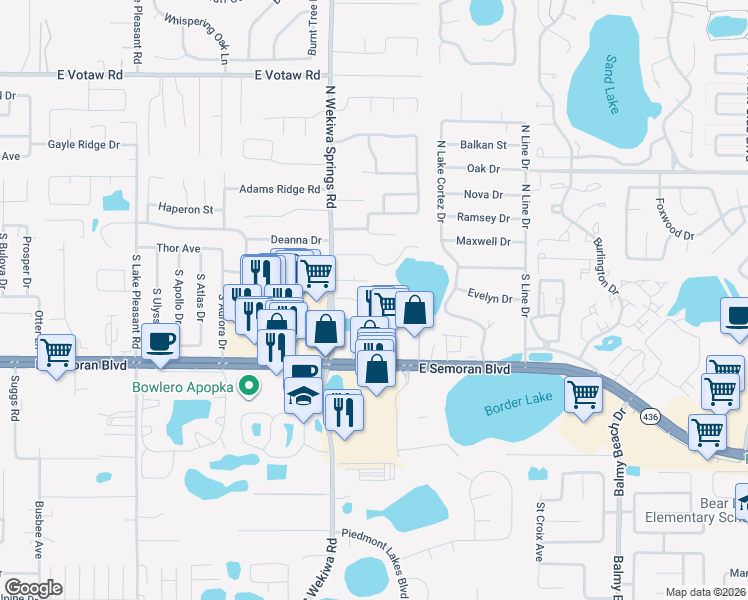 map of restaurants, bars, coffee shops, grocery stores, and more near 203 South Wekiwa Springs Road in Apopka
