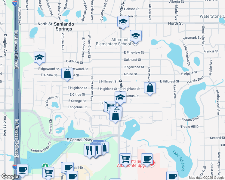 map of restaurants, bars, coffee shops, grocery stores, and more near 449 East Highland Street in Altamonte Springs