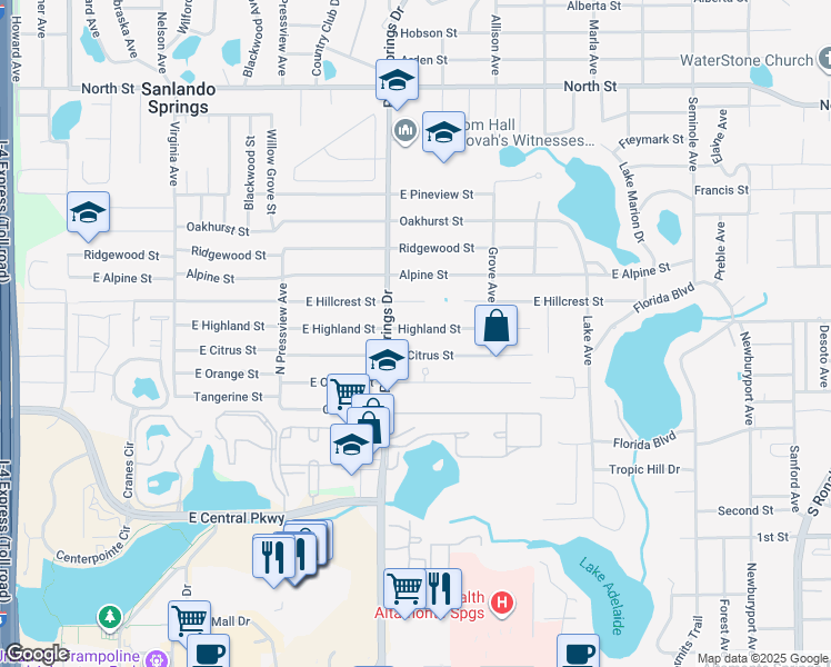 map of restaurants, bars, coffee shops, grocery stores, and more near 701 Palm Springs Drive in Altamonte Springs