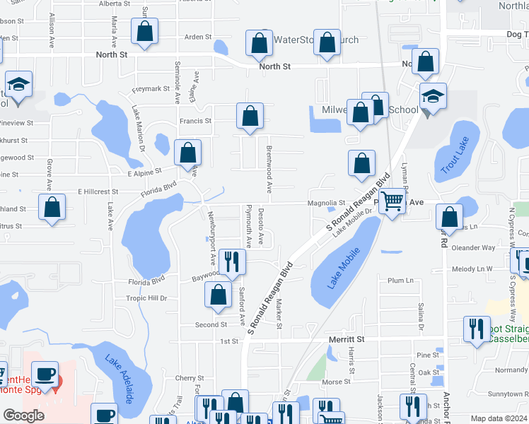 map of restaurants, bars, coffee shops, grocery stores, and more near 101 Desoto Avenue in Altamonte Springs