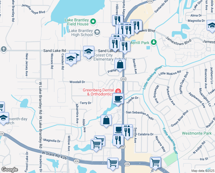 map of restaurants, bars, coffee shops, grocery stores, and more near 1023 Great Pond Drive in Altamonte Springs