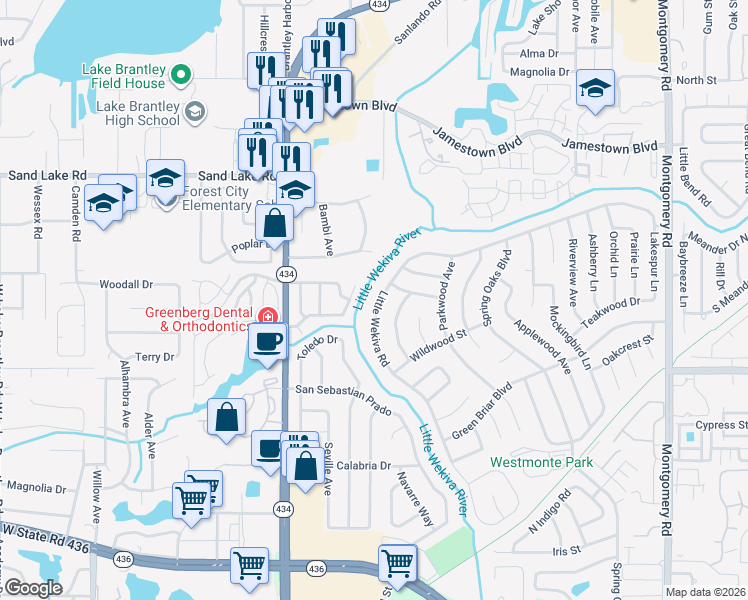 map of restaurants, bars, coffee shops, grocery stores, and more near 643 Little Wekiva Road in Altamonte Springs