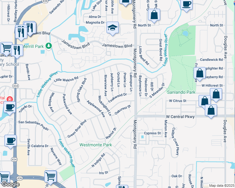 map of restaurants, bars, coffee shops, grocery stores, and more near 600 Orchid Lane in Altamonte Springs