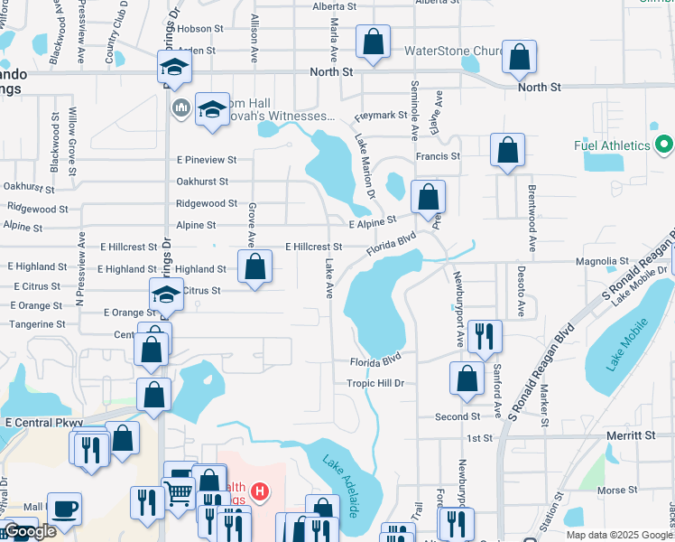 map of restaurants, bars, coffee shops, grocery stores, and more near 725 Lake Avenue in Altamonte Springs