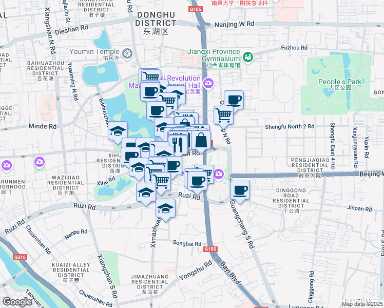map of restaurants, bars, coffee shops, grocery stores, and more near 12 Zhong Shan Lu in Nan Chang Shi
