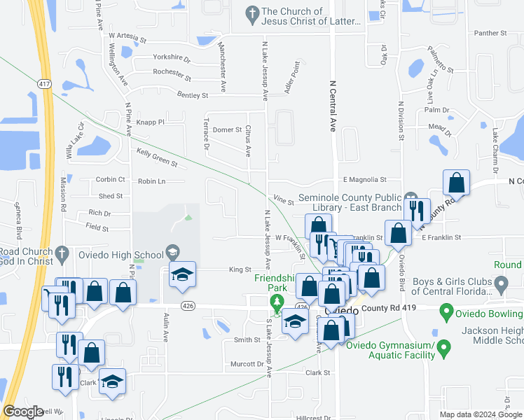 map of restaurants, bars, coffee shops, grocery stores, and more near 363 North Lake Jessup Avenue in Oviedo