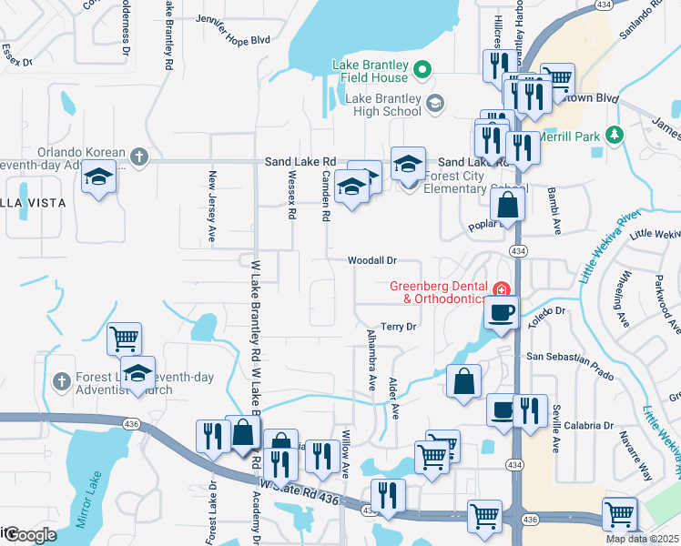 map of restaurants, bars, coffee shops, grocery stores, and more near 703 Camden Road in Altamonte Springs