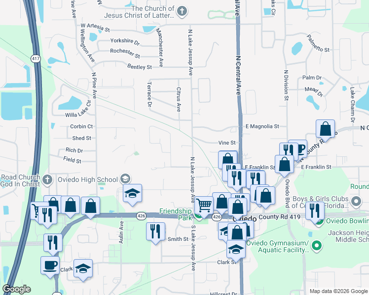 map of restaurants, bars, coffee shops, grocery stores, and more near 363 North Lake Jessup Avenue in Oviedo