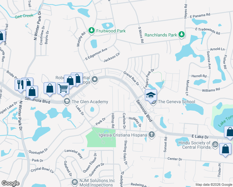 map of restaurants, bars, coffee shops, grocery stores, and more near 1571 Oak Lane in Casselberry
