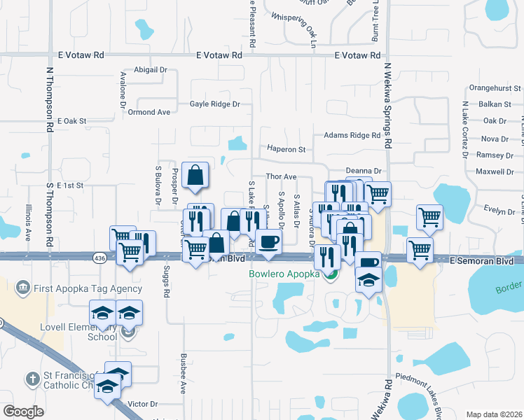 map of restaurants, bars, coffee shops, grocery stores, and more near 122 South Ulysses Drive in Apopka