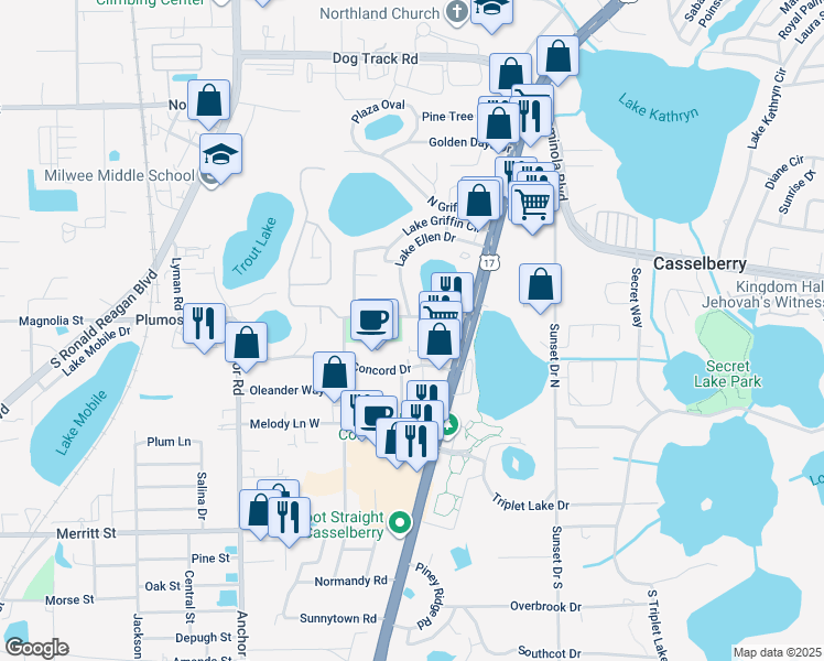 map of restaurants, bars, coffee shops, grocery stores, and more near 96 Plumosa Avenue in Casselberry
