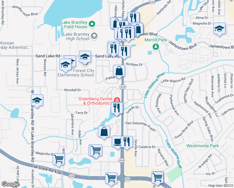 map of restaurants, bars, coffee shops, grocery stores, and more near 940 Centre Circle in Altamonte Springs