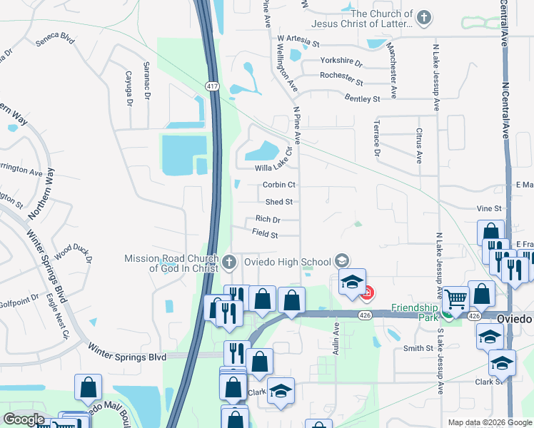 map of restaurants, bars, coffee shops, grocery stores, and more near 895 Rich Drive in Oviedo
