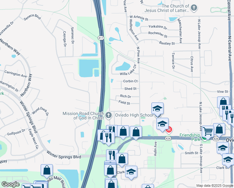 map of restaurants, bars, coffee shops, grocery stores, and more near 907 Rich Drive in Oviedo