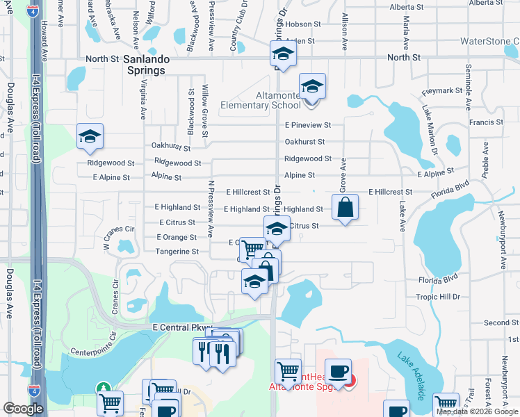 map of restaurants, bars, coffee shops, grocery stores, and more near 449 East Highland Street in Altamonte Springs
