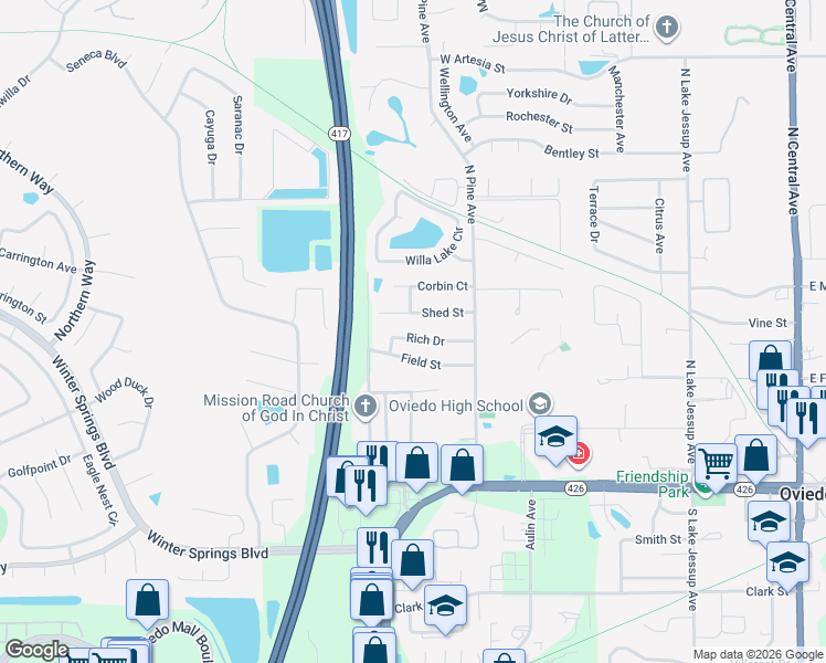 map of restaurants, bars, coffee shops, grocery stores, and more near 895 Rich Dr in Oviedo