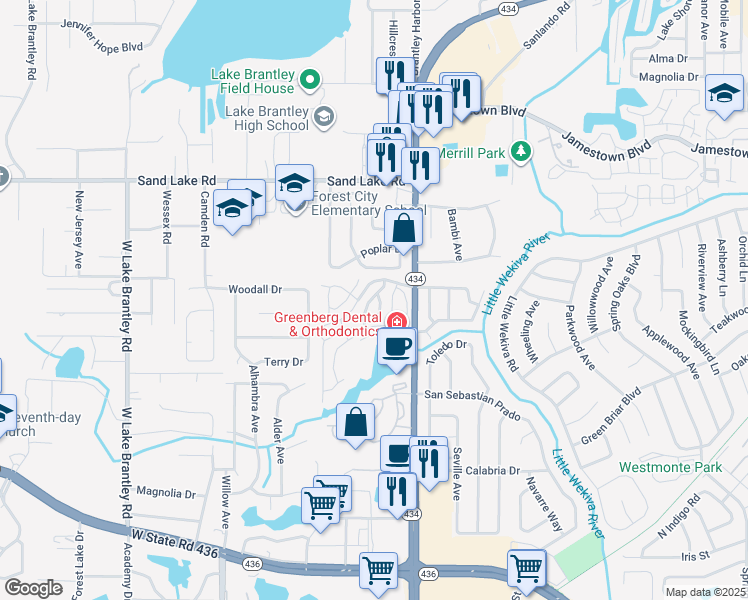 map of restaurants, bars, coffee shops, grocery stores, and more near 1023 Great Pond Drive in Altamonte Springs