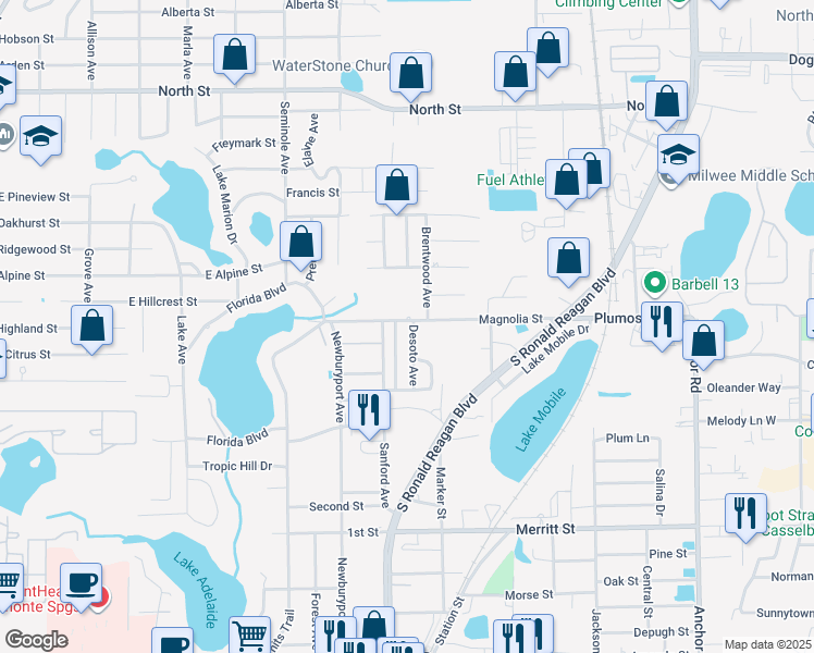 map of restaurants, bars, coffee shops, grocery stores, and more near 204 Magnolia Street in Altamonte Springs