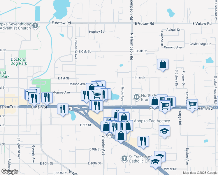 map of restaurants, bars, coffee shops, grocery stores, and more near 929 Monroe Court in Apopka