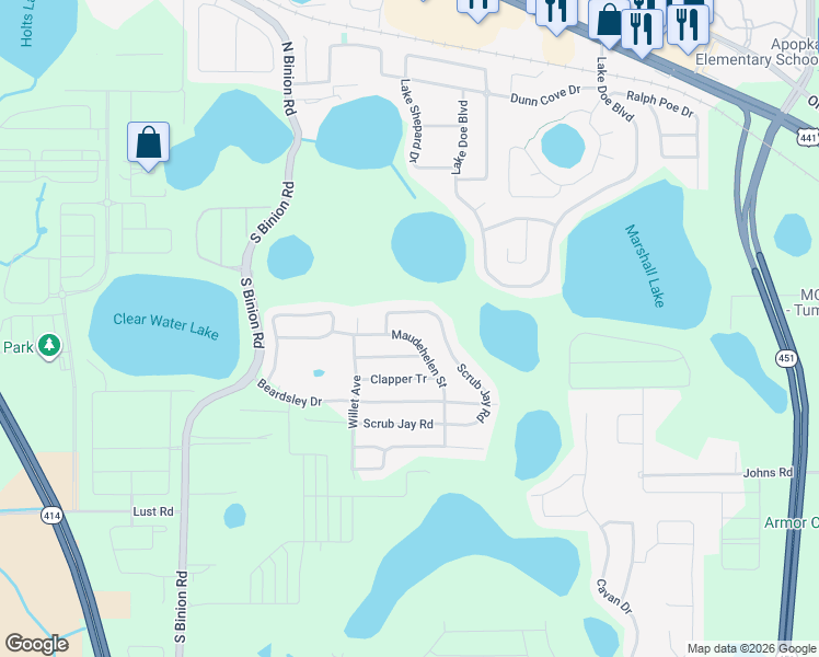 map of restaurants, bars, coffee shops, grocery stores, and more near 357 Maudehelen Street in Apopka