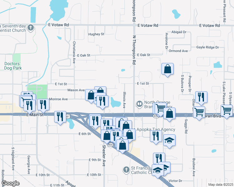 map of restaurants, bars, coffee shops, grocery stores, and more near 130 Illinois Avenue in Apopka