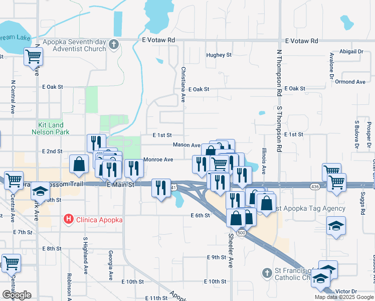 map of restaurants, bars, coffee shops, grocery stores, and more near 211 Christiana Avenue in Apopka